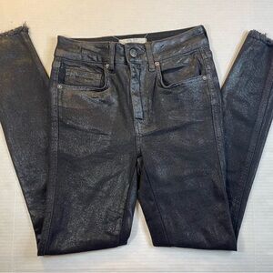 We‎ The Free Coated Black High Rise Skinny Jeans Raw Hem Sz 25 Womens Shiny Punk